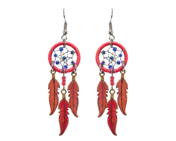 Handmade round beaded thread dream catcher earrings with three long colored metal feather charm dangles in red, indigo, and gold color combination.