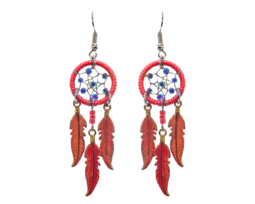 Handmade round beaded thread dream catcher earrings with three long colored metal feather charm dangles in red, indigo, and gold color combination.