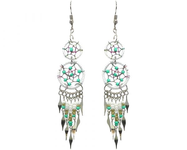 Handmade double round beaded thread dream catcher earrings with long seed bead and alpaca silver metal dangles in white, mint green, and gold color combination.
