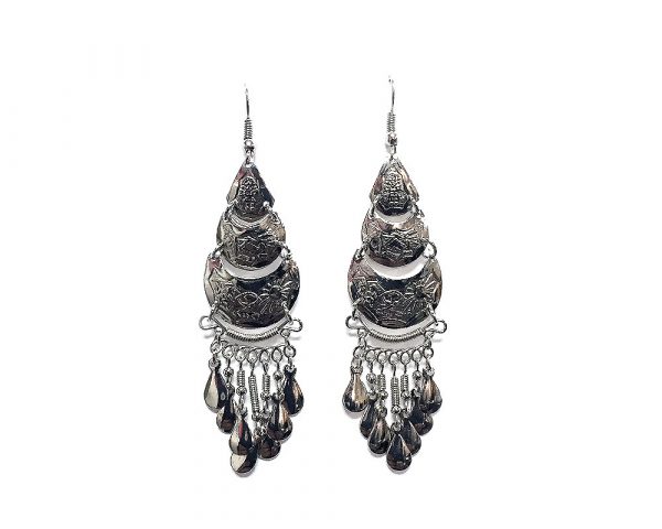Arch-shaped alpaca silver metal earring with long dangles.