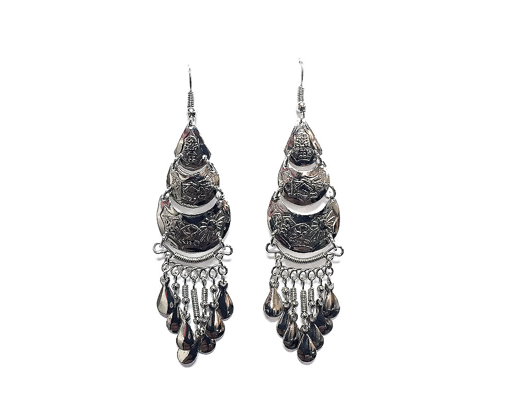 Arch-shaped alpaca silver metal earring with long dangles.