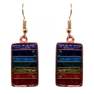Rectangle-shaped striped acrylic resin, copper wire, and crushed chip stone inlay orgonite dangle earrings with 7 chakra rainbow striped pattern and copper metal setting.