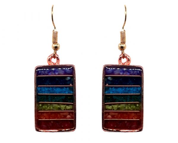 Rectangle-shaped striped acrylic resin, copper wire, and crushed chip stone inlay orgonite dangle earrings with 7 chakra rainbow striped pattern and copper metal setting.