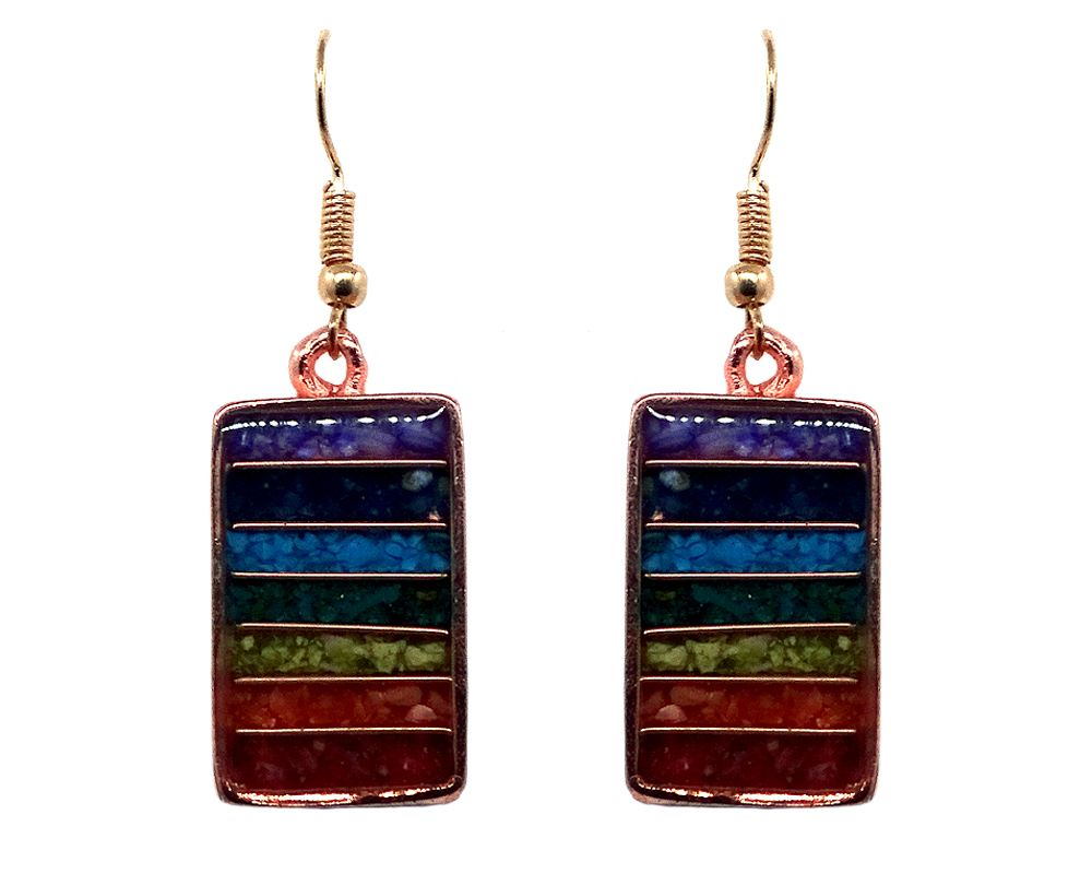 Rectangle-shaped striped acrylic resin, copper wire, and crushed chip stone inlay orgonite dangle earrings with 7 chakra rainbow striped pattern and copper metal setting.