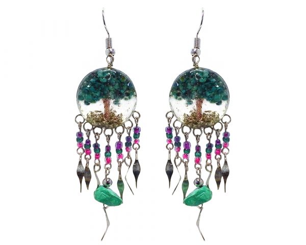 Handmade round-shaped clear acrylic resin, copper wire, and crushed chip stone inlay tree of life dangle earrings with long seed bead, chip stone, and alpaca silver metal dangles in teal green, purple, and hot pink color combination.