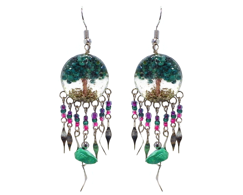 Handmade round-shaped clear acrylic resin, copper wire, and crushed chip stone inlay tree of life dangle earrings with long seed bead, chip stone, and alpaca silver metal dangles in teal green, purple, and hot pink color combination.