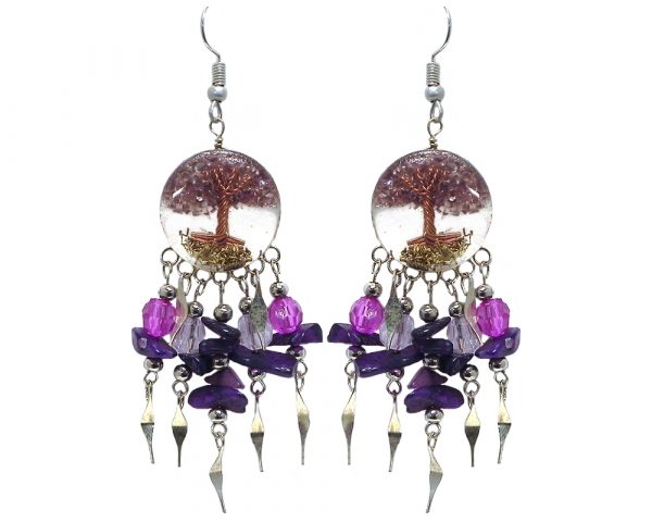 Handmade round-shaped clear acrylic resin, copper wire, and crushed chip stone inlay tree of life dangle earrings with long crystal bead, chip stone, and alpaca silver metal dangles in purple, dark purple, and clear color combination.