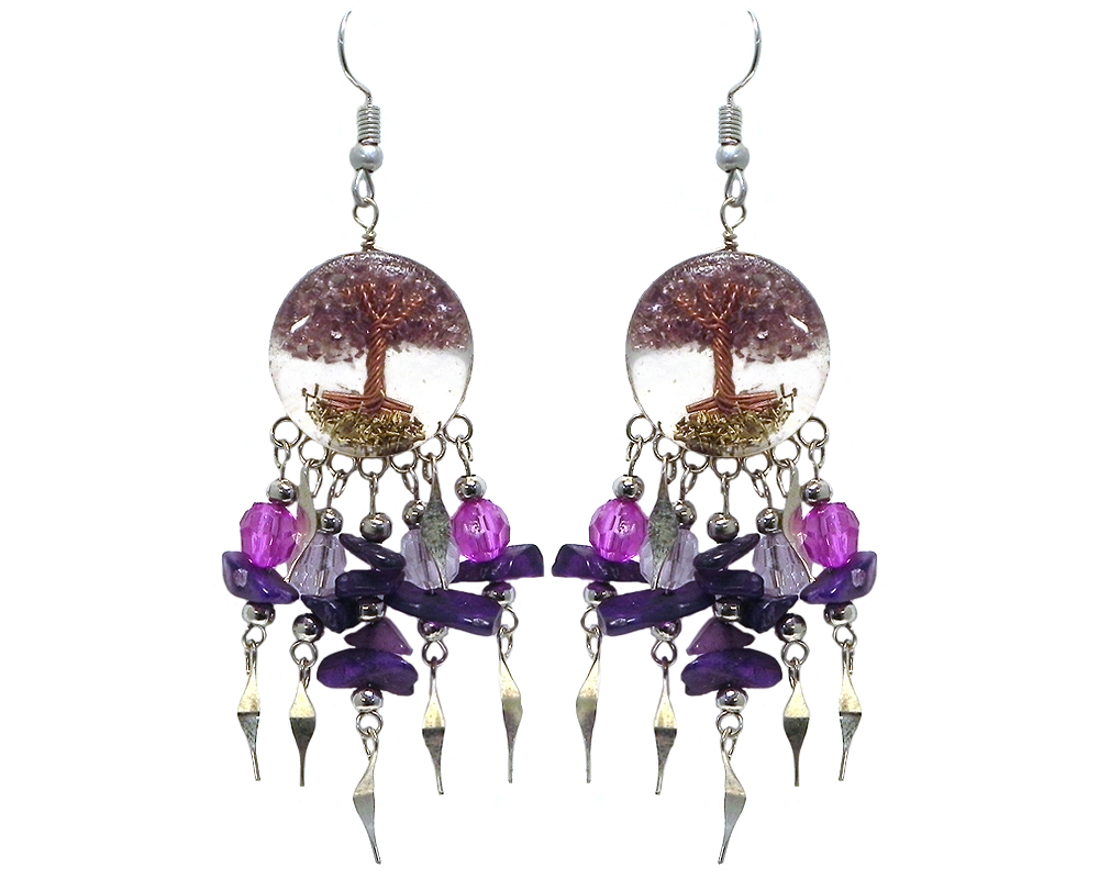 Handmade round-shaped clear acrylic resin, copper wire, and crushed chip stone inlay tree of life dangle earrings with long crystal bead, chip stone, and alpaca silver metal dangles in purple, dark purple, and clear color combination.