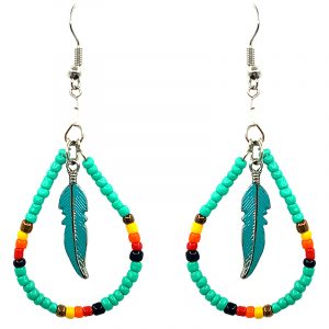 Feather Teardrop Beaded Hoop Earrings
