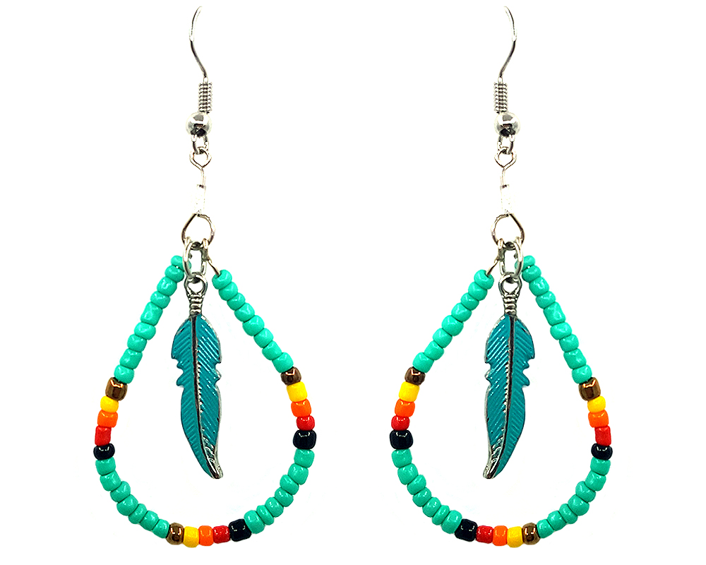 Feather Teardrop Beaded Hoop Earrings