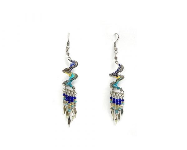 Spiral-shaped silk thread earrings with long seed bead and alpaca silver metal dangles in turquoise, blue, and gold color combination.