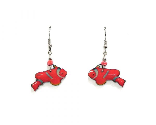 Clown fish acrylic dangle earrings with beaded metal hooks in orange and white color combination.