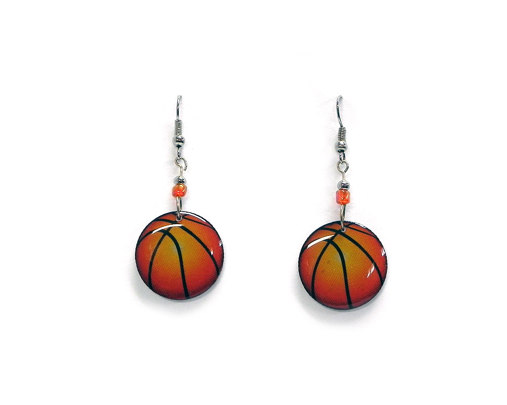 EA-043400023309 Basketball acrylic dangle earrings with beaded metal hooks in orange and black color combination.