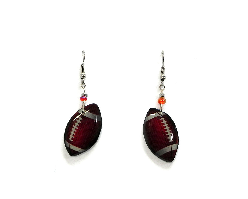 Football acrylic dangle earrings with beaded metal hooks in dark brown, dark red, and white color combination.