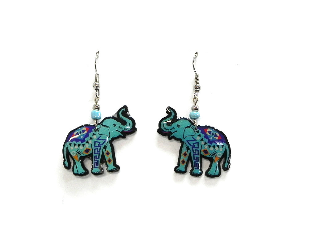 Tribal pattern elephant acrylic dangle earrings with beaded metal hooks in turquoise blue and multicolored color combination.