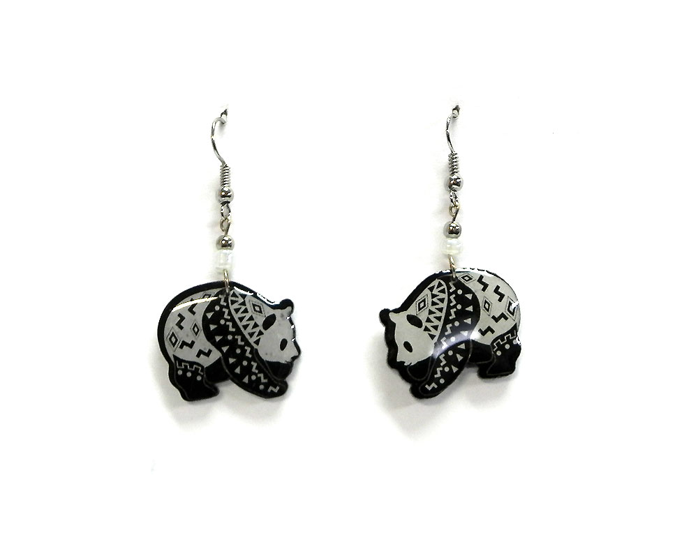 EA-041800090009 Tribal pattern panda bear acrylic dangle earrings with beaded metal hooks in black and white color combination.