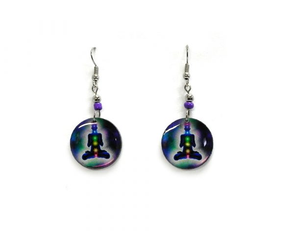 Round-shaped New Age themed chakra graphic acrylic dangle earrings with beaded metal hooks in dark purple, blue, and multicolored color combination.