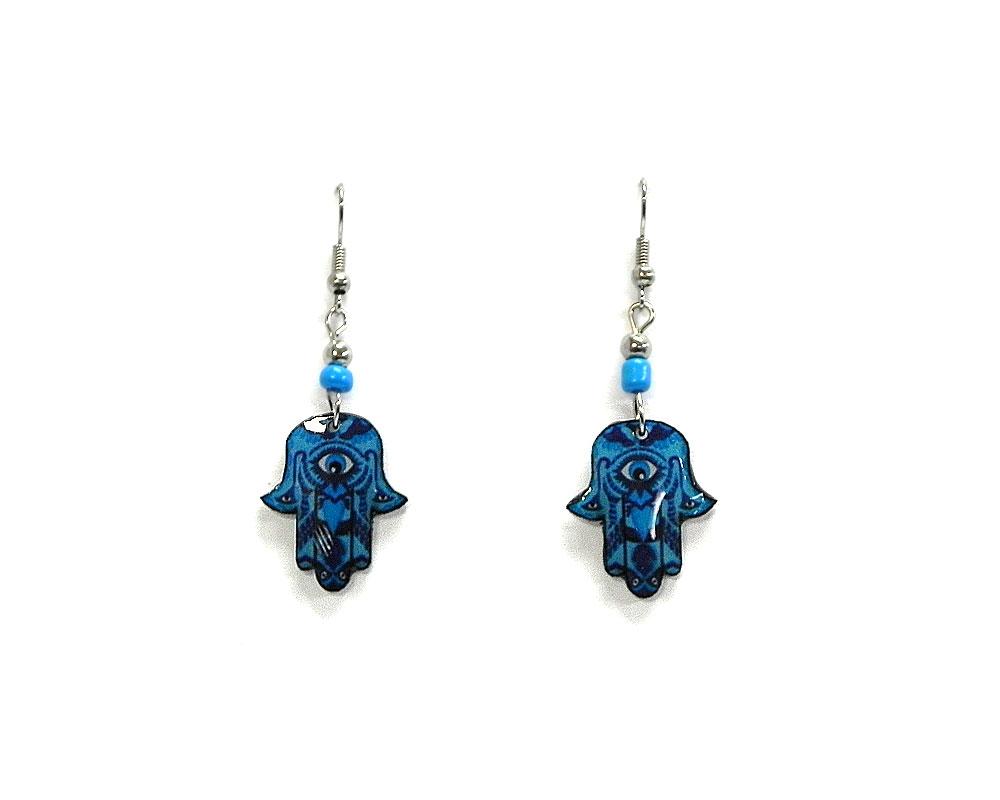 Hamsa hand acrylic dangle earrings with beaded metal hooks in blue, turquoise, and dark blue color combination.