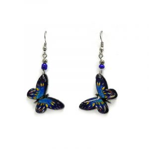 Butterfly acrylic dangle earrings with beaded metal hooks in blue, turquoise, and yellow color combination.