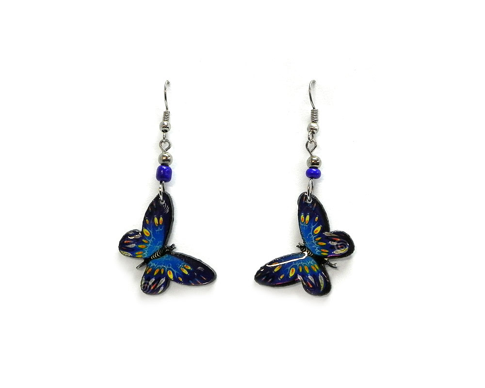 EA-040500053503 Butterfly acrylic dangle earrings with beaded metal hooks in blue, turquoise, and yellow color combination.