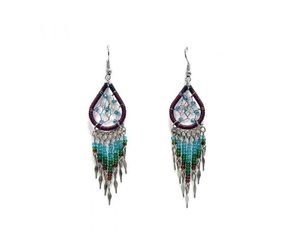 Handmade teardrop-shaped beaded thread dream catcher earrings with long seed bead and alpaca silver dangles in brown, turquoise, and green color combination.