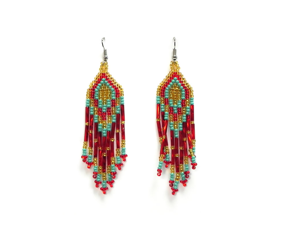 Long multicolored seed bead fringe dangle earrings in red, mint turquoise, and gold color combination.