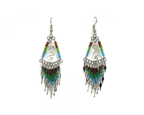 Handmade triangle-shaped beaded wire wrapped clear quartz crystal point earrings with long seed bead and alpaca silver metal dangles in brown, green, and turquoise blue color combination.