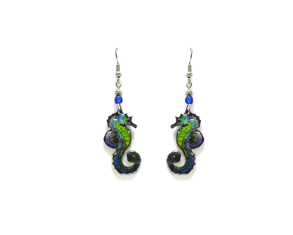 EA-042700343505 Seahorse acrylic dangle earrings with beaded metal hooks in lime green, turquoise, blue, and purple color combination.