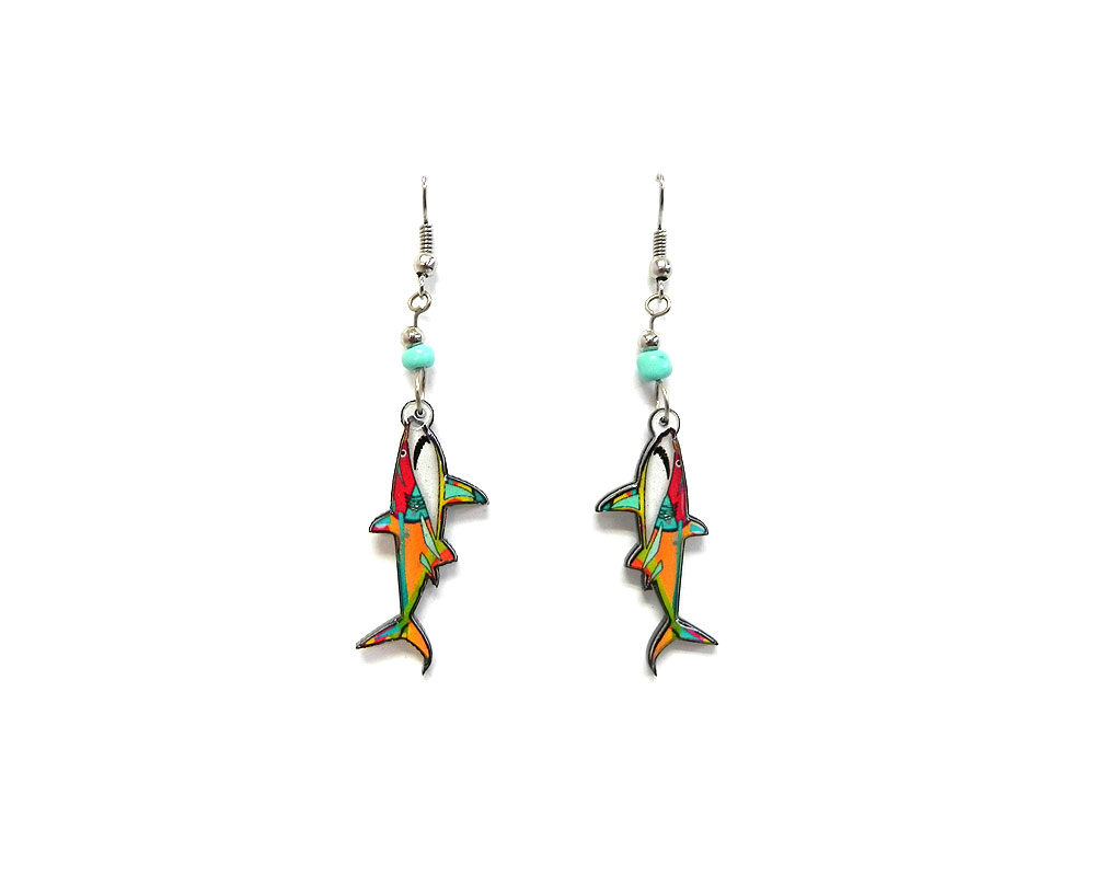 Art pattern shark acrylic dangle earrings with beaded metal hooks in turquoise and multicolored color combination.