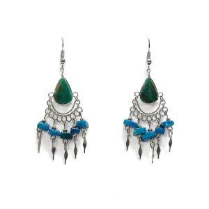 Teardrop-cut stone earrings with chip stones and alpaca silver metal dangles in teal green chrysocolla.