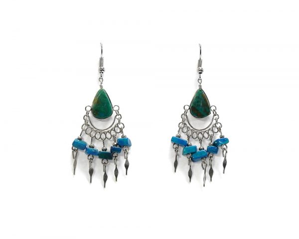 Teardrop-cut stone earrings with chip stones and alpaca silver metal dangles in teal green chrysocolla.