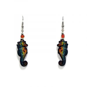 Tribal pattern seahorse acrylic dangle earrings with beaded metal hooks in orange, golden yellow, turquoise, black and white color combination.