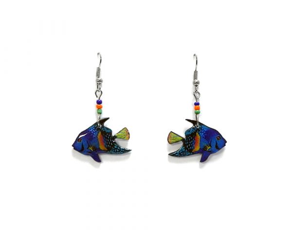 Tropical pattern fish acrylic dangle earrings with beaded metal hooks in turquoise blue, orange, yellow, and green color combination.
