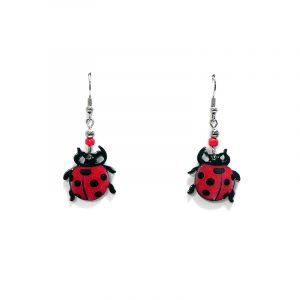 Ladybug acrylic dangle earrings with beaded metal hooks in red and black color combination.