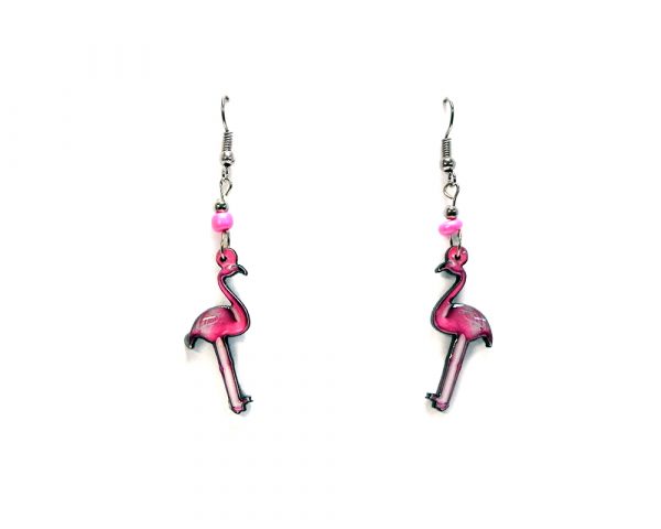 Flamingo acrylic dangle earrings with beaded metal hooks in hot pink, light pink, and black color combination.