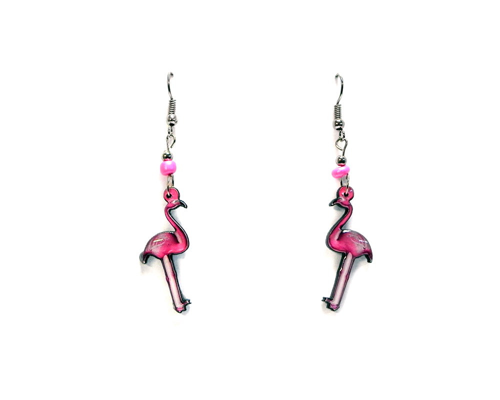 Flamingo acrylic dangle earrings with beaded metal hooks in hot pink, light pink, and black color combination.