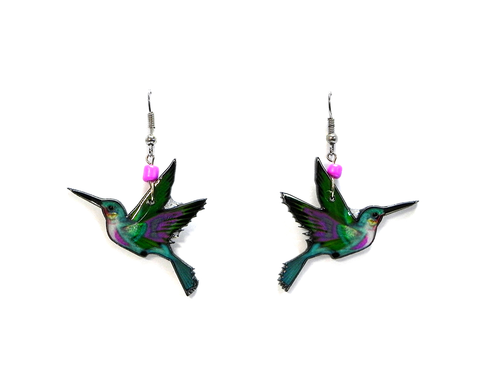 EA-040800343506 Hummingbird acrylic dangle earrings with beaded metal hooks in lime green, turquoise blue, and purple color conbination.
