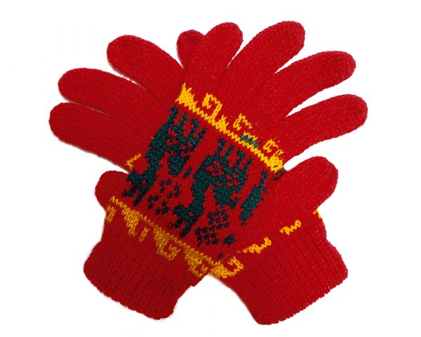 Handmade Peruvian tribal print gloves with soft woven alpaca wool and tribal print pattern in red, dark green, and golden yellow colors.