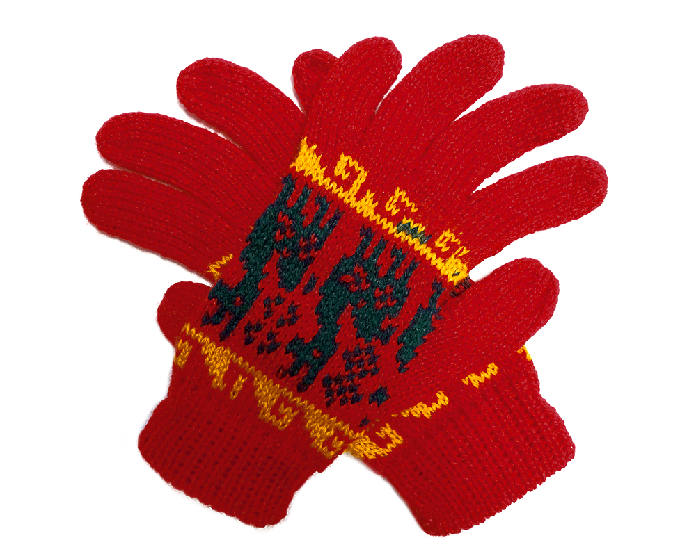 GL-010001012433 Handmade Peruvian tribal print gloves with soft woven alpaca wool and tribal print pattern in red, dark green, and golden yellow colors.