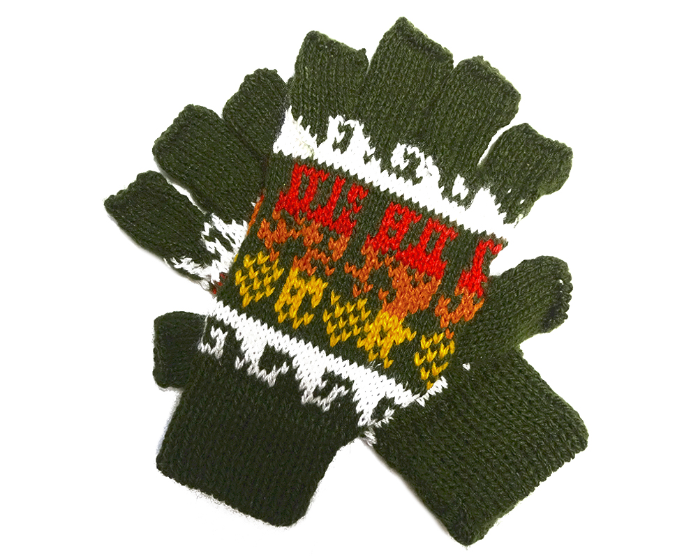 Handmade Peruvian knit fingerless gloves with soft woven alpaca wool and tribal print pattern in olive green, golden yellow, orange, red, and white colors.