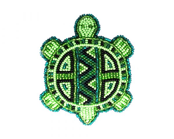Handmade Czech glass seed bead turtle barrette with tribal pattern design and silver metal french hair clip in lime green, light green, teal, and black color combination.