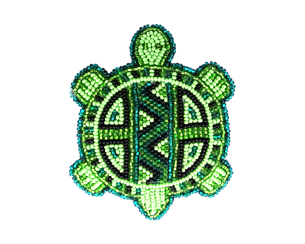 HA-010100345414 Handmade Czech glass seed bead turtle barrette with tribal pattern design and silver metal french hair clip in lime green, light green, teal, and black color combination.