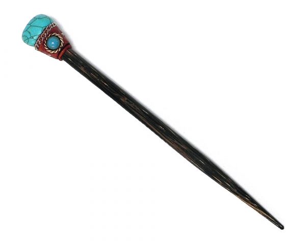 Handmade natural Chonta wooden hair stick with tumbled gemstone crystal, resin, and matching bead in turquoise howlite.