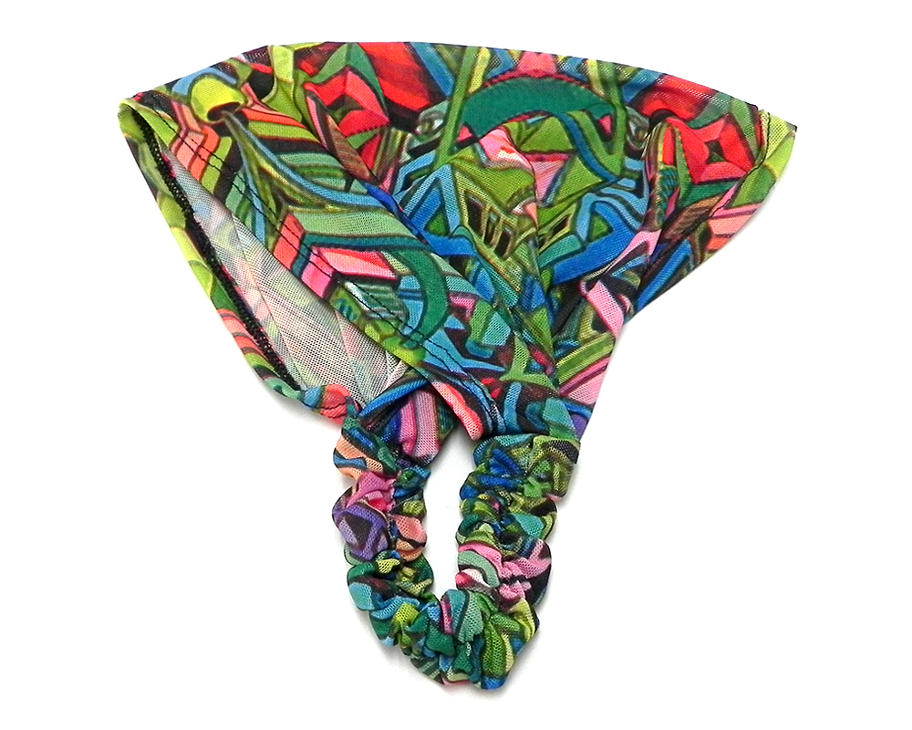 Handmade soft sheer wrap headband with abstract psychedelic pattern design in turquoise blue, lime green, and multicolored color combination.