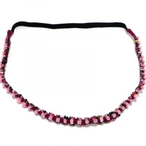 Handmade pearl bead and seed bead elastic thin strap headband in dark pink and light pink color combination.