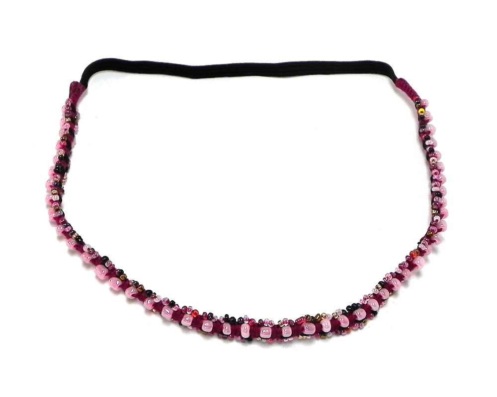 HA-040201271733 Handmade pearl bead and seed bead elastic thin strap headband in dark pink and light pink color combination.
