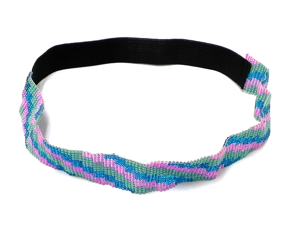 HA-040203350735 Handmade Czech glass seed bead elastic wide strap head with fashion pattern design in striped pink, turquoise blue, and aqua mint color combination.