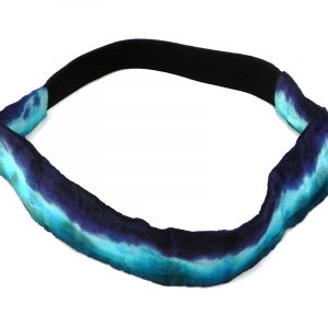 Handmade tie-dyed cotton elastic wide strap headband with striped pattern in dark navy blue, light blue, and turquoise color combination.