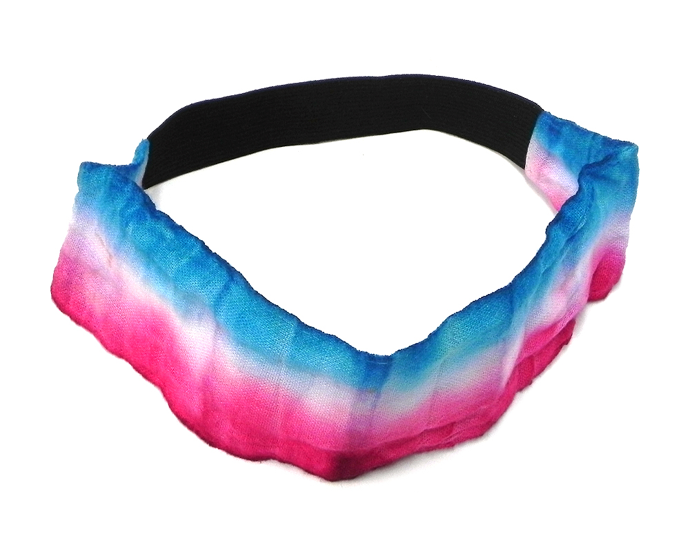 Handmade tie-dyed cotton elastic wide strap headband with striped pattern in turquoise blue, white, and hot pink color combination.