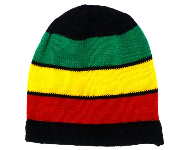Handmade knit beanie hat with horizontal striped pattern in Rasta colors.